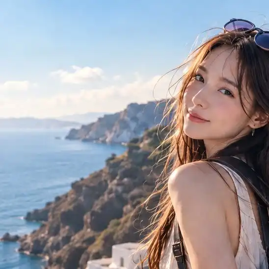 旅客在聖托里尼的海邊回頭微笑