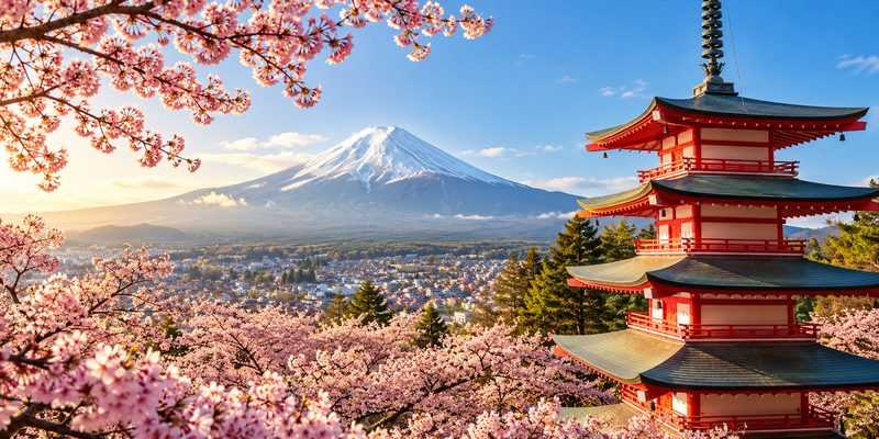 富士山、櫻花與五重塔
